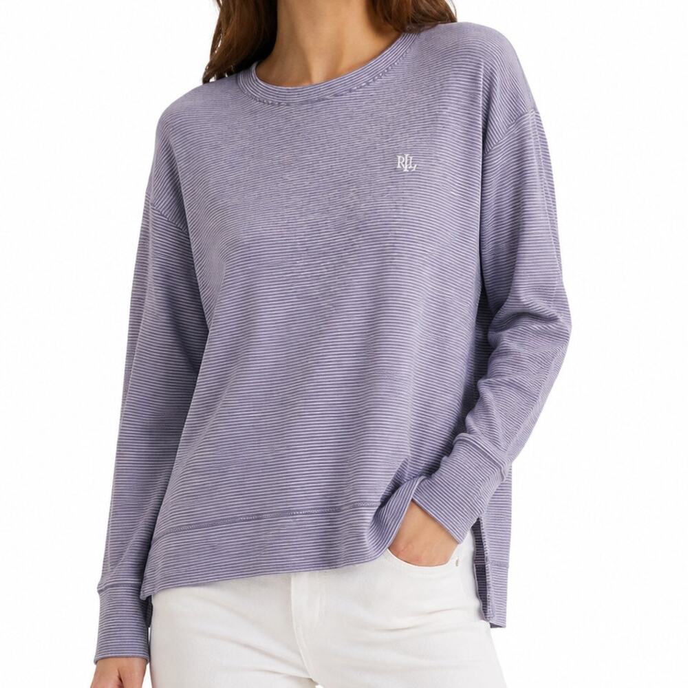 Lauren Ralph Lauren Striped Long Sleeve Top Purple White Logo Crew Neck Size S